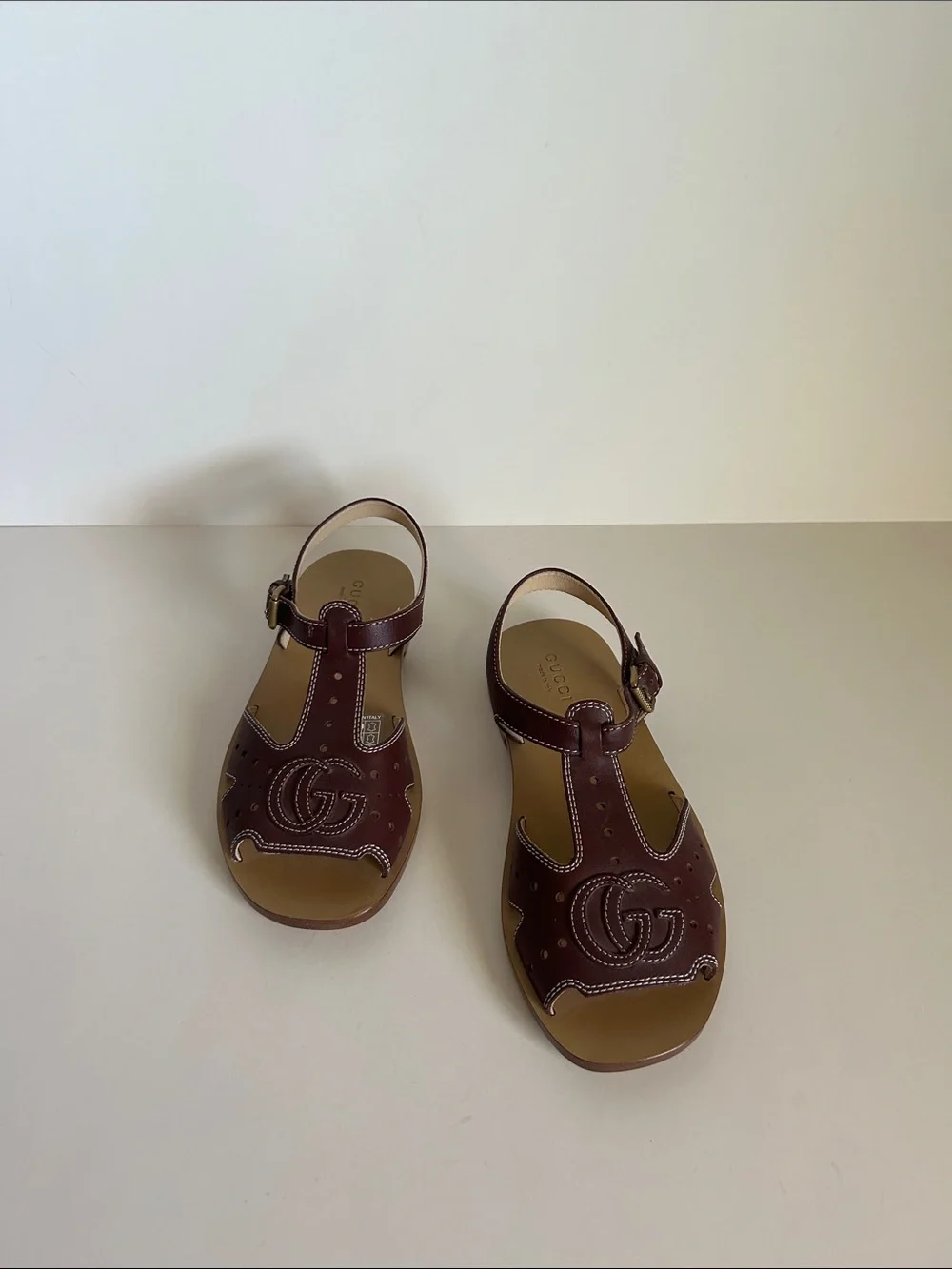 Gucci Brown Leather GG Logo T-Strap Women's Sandals
